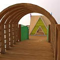 Wooden Playground Equipment With Arched Roof Elevated Platforms Ladder Netting And Green Area