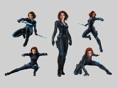 Black Widow Game And Movie Character In Various Action Poses With Black Tactical Suit 3d model