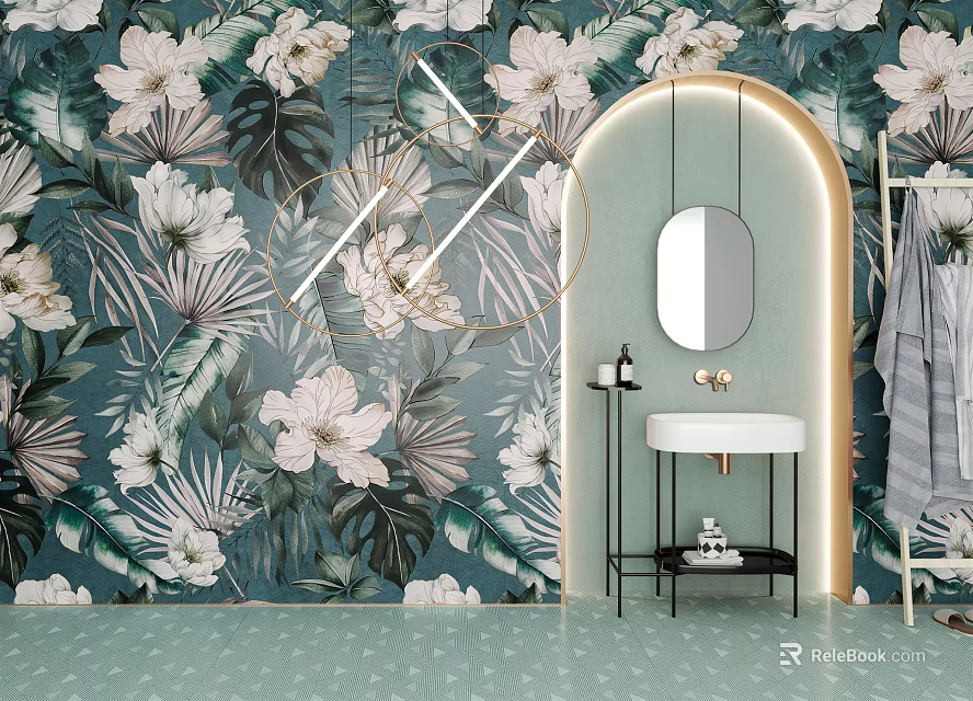 White Washbasin With Round Mirror Floral Leaf Wallpaper Black Shelf Light Blue Floor 3d model 