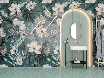 White Washbasin With Round Mirror Floral Leaf Wallpaper Black Shelf Light Blue Floor 3d model