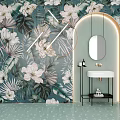 White Washbasin With Round Mirror Floral Leaf Wallpaper Black Shelf Light Blue Floor