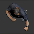 Man In Dark Blue Shirt Gray Pants Posing With Boxing Gestures On Gray Background