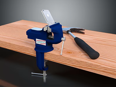 Durable Blue Bench Vise With Claw Hammer Securely Fixed On Wooden Workbench 3d model