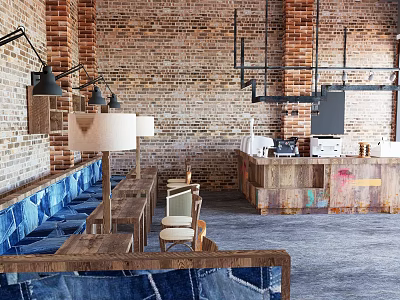 Warm Cafe Interior With Exposed Brick Wall Wooden Tables And Blue Seating 3d model