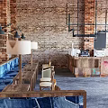Warm Cafe Interior With Exposed Brick Wall Wooden Tables And Blue Seating