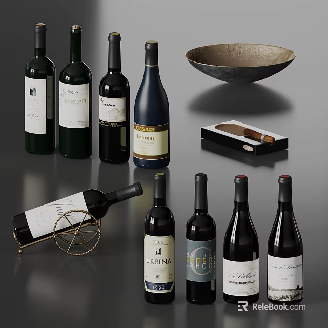 Wine Bottles Display With Various Labels And Holder 3d model 