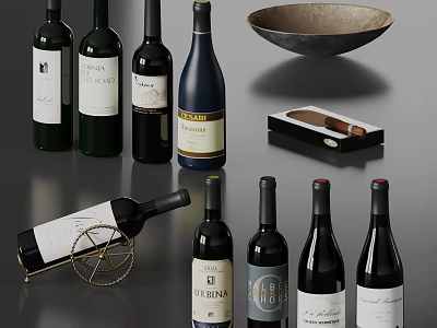 Wine Bottles Display With Various Labels And Holder 3d model