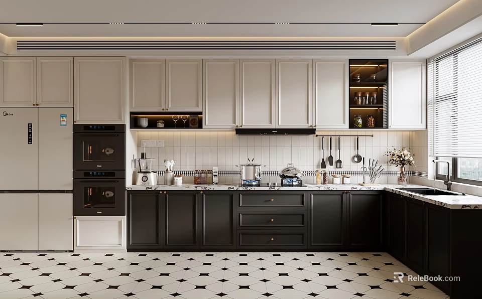 Modern Open Concept Kitchen Interior Design With Island Counter And Cabinets 3d model