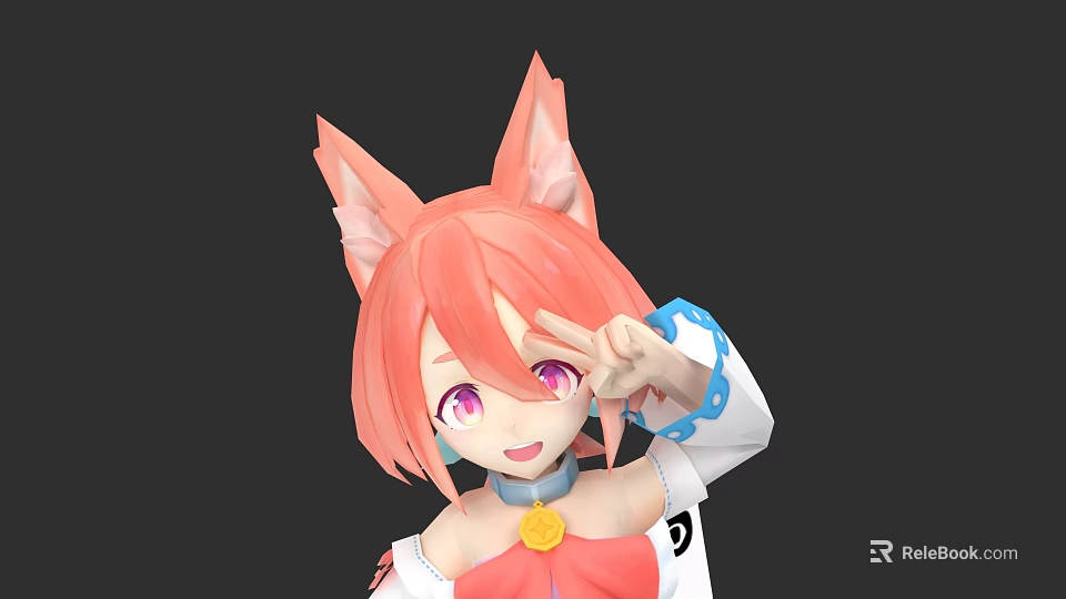 Game Anime Character With Pink Hair Fox Ears Purple Eyes And White Red Outfit 3d model 