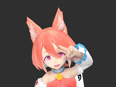 Game Anime Character With Pink Hair Fox Ears Purple Eyes And White Red Outfit 3d model