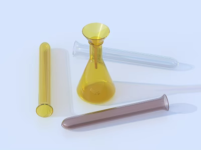Household Glassware Items Featuring Yellow Flask Transparent Test Tube And Brown Container 3d model