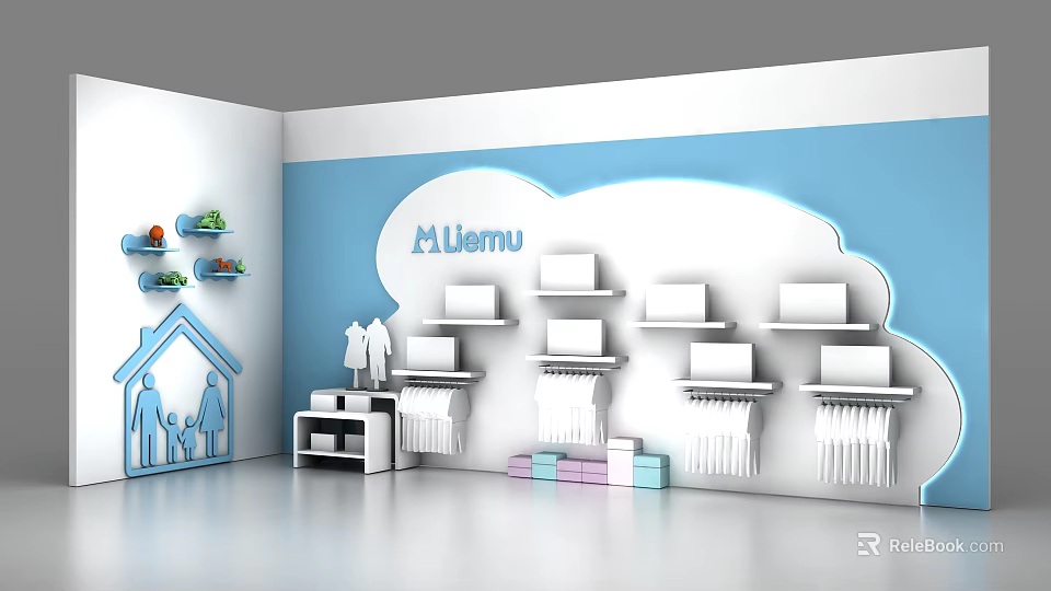 White Display Shelves For Kids Room With Blue Cloud Design And Cartoon House Figures 3d model 