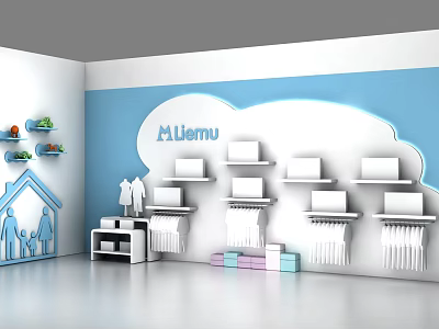 White Display Shelves For Kids Room With Blue Cloud Design And Cartoon House Figures 3d model