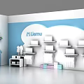 White Display Shelves For Kids Room With Blue Cloud Design And Cartoon House Figures