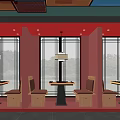 Modern Restaurant Interior With Red Walls Large Windows Hanging Lamps Bench Seats And Tables