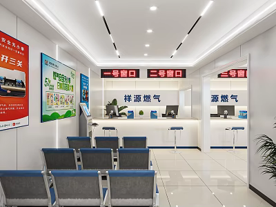 Modern Service Hall Interior with Service Windows Promotional Posters and Neat Seats 3d model