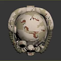Ornate Beige Mechanical Helmet With Red Patterns Golden Accents And Tube Decorations