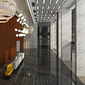 Modern Lobby Reception Desk With Large Windows City View Chandelier Lighting And Wooden Wall Panel