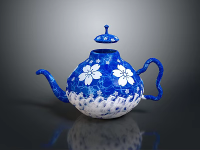 Blue And White Decorative Teapot With Cherry Blossom Patterns And Crackle Glaze 3d model