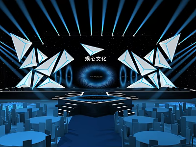Elegant Stage Design With Blue Lighting Geometric Shapes And Tables Chairs 3d model