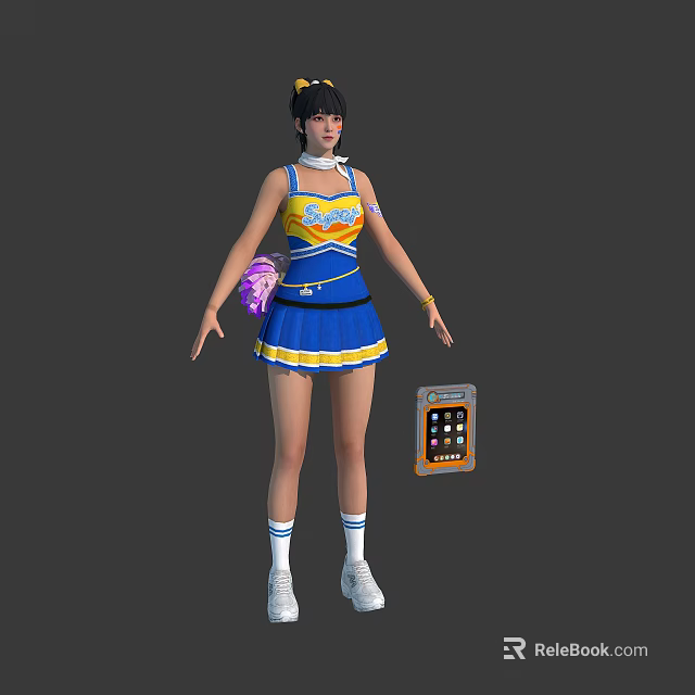 3D Cheerleader Character in Blue Yellow Uniform with Pink Pom Pom and Handheld Device 3d model 