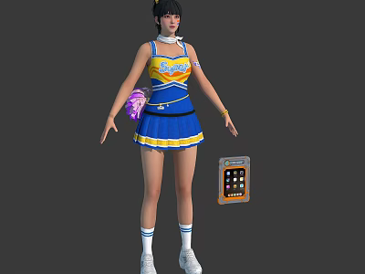 3D Cheerleader Character in Blue Yellow Uniform with Pink Pom Pom and Handheld Device 3d model