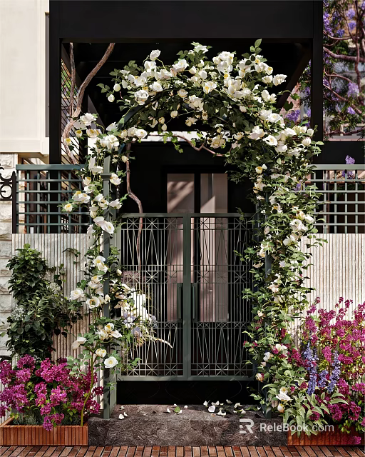 Residential Landscape With Iron Gate Flower Arch White Flowers Green Vines And Surrounding Colorful Plants 3d model 