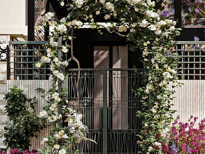 Residential Landscape With Iron Gate Flower Arch White Flowers Green Vines And Surrounding Colorful Plants 3d model