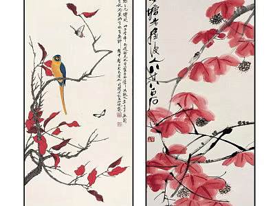 Traditional Chinese Plant Painting With Red Leaves Branches And Colorful Bird 3d model