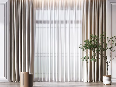 Elegant Curtain Design For Living Room With Sheer Layers And Indoor Plant 3d model