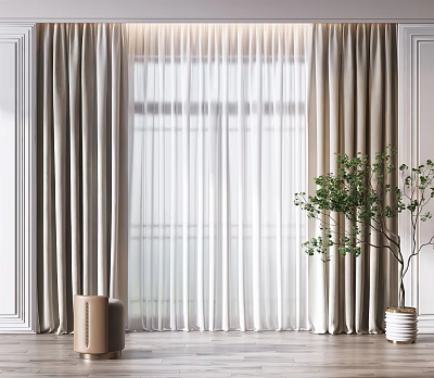 Elegant Curtain Design For Living Room With Sheer Layers And Indoor Plant 3d model