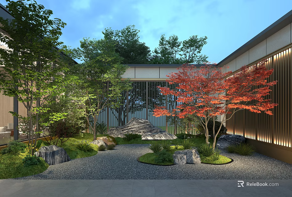 Traditional Garden Landscape Design with Red Maple Trees Stones Lattice Walls and Gravel Ground 3d model 