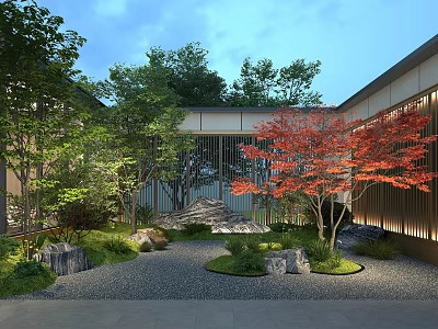 Traditional Garden Landscape Design with Red Maple Trees Stones Lattice Walls and Gravel Ground 3d model
