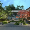 Traditional Garden Landscape Design with Red Maple Trees Stones Lattice Walls and Gravel Ground