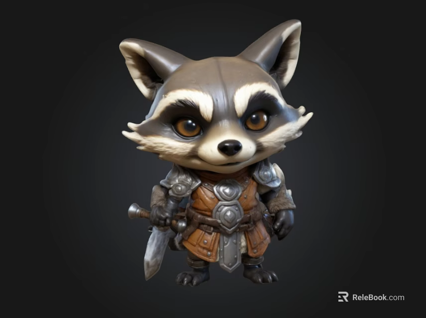 Detailed Cute Cartoon Raccoon Warrior Figurine With Armored Outfit And Sword 3d model 
