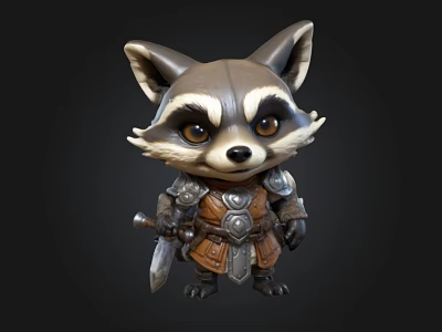 Detailed Cute Cartoon Raccoon Warrior Figurine With Armored Outfit And Sword 3d model