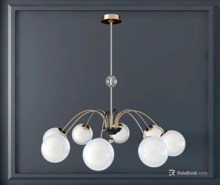 Elegant Modern Chandelier With Golden Frame And White Spherical Glass Shades 3d model 