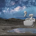 Modern White Wireless Earbuds With Sleek Design Floating Over Water Under Starry Sky
