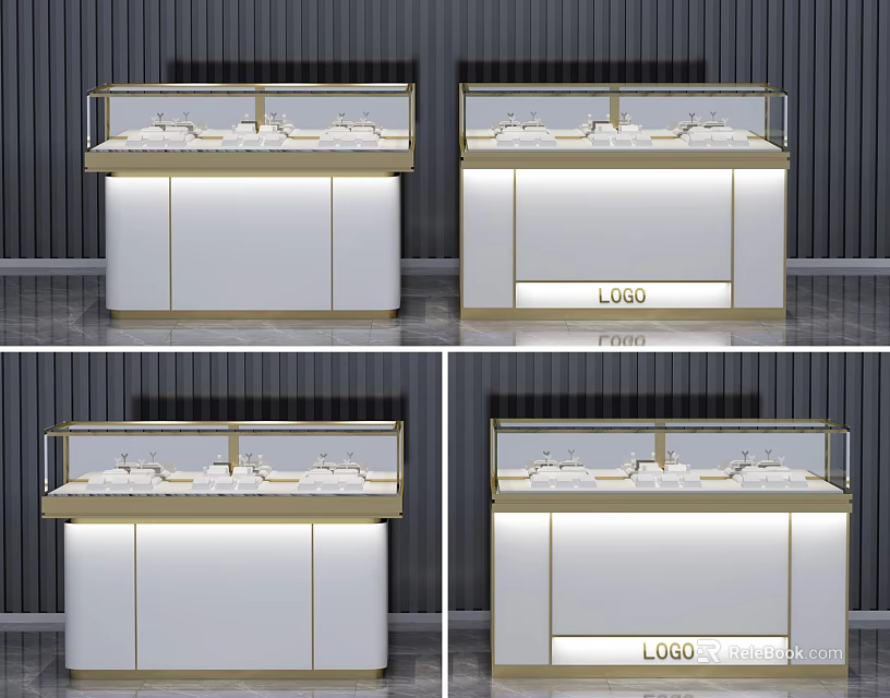 Jewelry Display Shelves with White and Gold Design Glass Top LED Lighting and LOGO Panel 3d model 