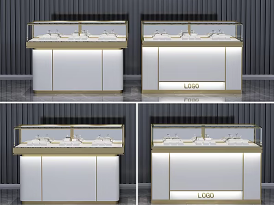 Jewelry Display Shelves with White and Gold Design Glass Top LED Lighting and LOGO Panel 3d model
