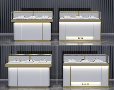 Jewelry Display Shelves with White and Gold Design Glass Top LED Lighting and LOGO Panel 3d model