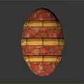 Ornate Red And Gold Hot Air Balloon With Intricate Patterns And Circular Gondola