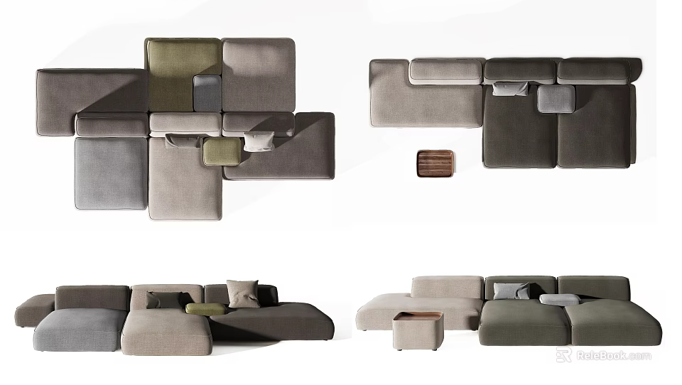 Modern Modular Sectional Sofa In Neutral Tones With Fabric Upholstery And Side Ottoman 3d model