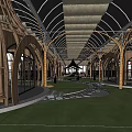 Elegant Restaurant Interior With Wooden Arched Windows Green Lawn And Unique Roof Design