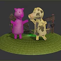 Cartoon Pig And Cow Standing On Green Grass With Wooden Fence