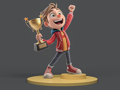 Young Man Standing On Gold Podium Holding Gold Trophy With Red Jacket And Plaid Pants 3d model