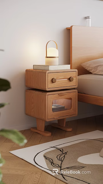 Natural Wood Two Tier Bedside Table With Lamp And Book Next To Wooden Bedroom Bed 3d model 