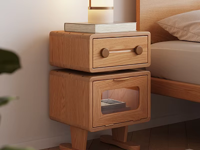 Natural Wood Two Tier Bedside Table With Lamp And Book Next To Wooden Bedroom Bed 3d model