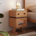 Natural Wood Two Tier Bedside Table With Lamp And Book Next To Wooden Bedroom Bed