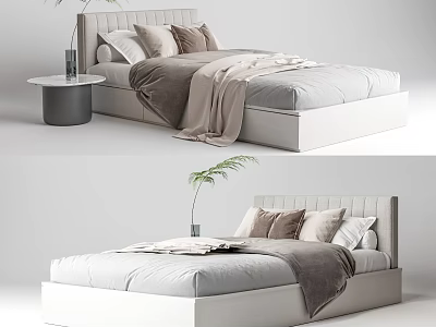 Modern Minimalist Single Bed Interior With Upholstered Headboard Neutral Bedding Side Table And Green Plant 3d model